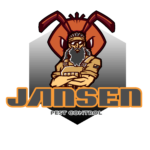 Logo of Jansen Pest Control Antique featuring a bearded technician and a red ant