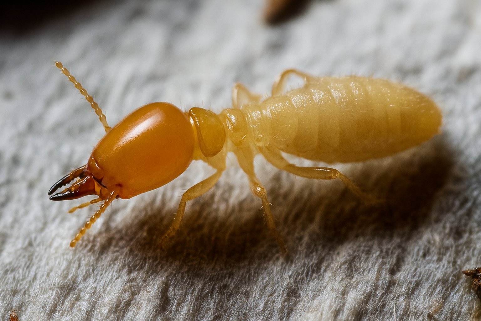 subterranean termites Soldier termite with large mandibles and orange-brown head, used for colony defense.